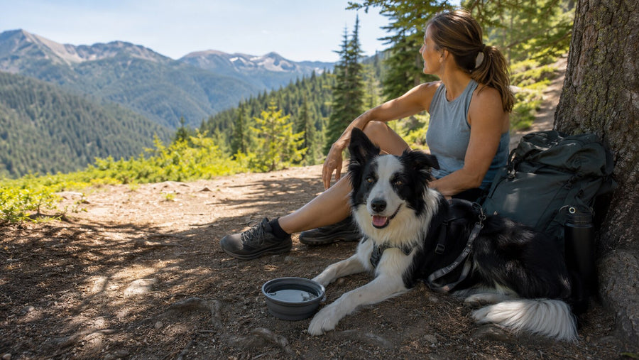 Dog resting with water beside its owner on a shaded summer hiking trail