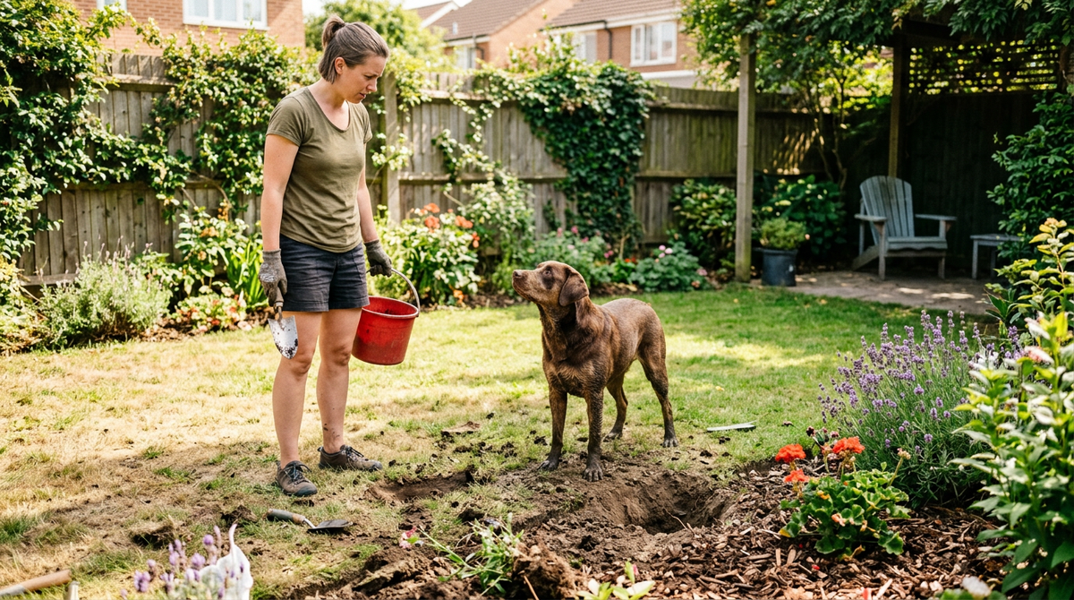 Dog digging holes in backyard garden while owner looks frustrated