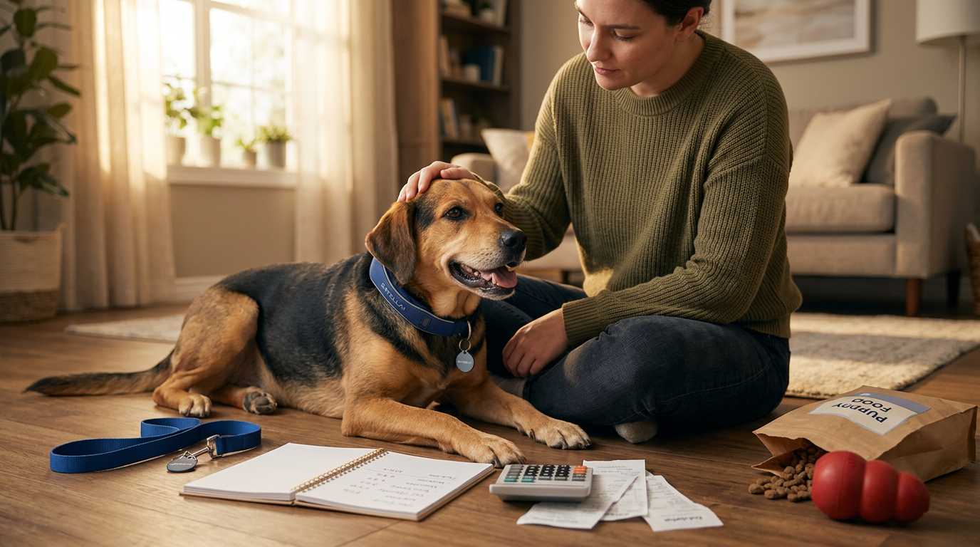 New dog owner budgeting expenses with a calculator while sitting with a dog and pet supplies at home