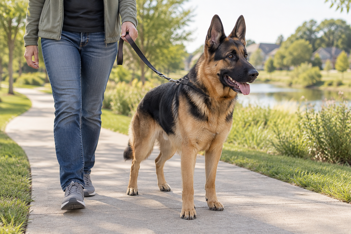 Black-and-tan German Shepherd standing beside its owner on a neighborhood path.