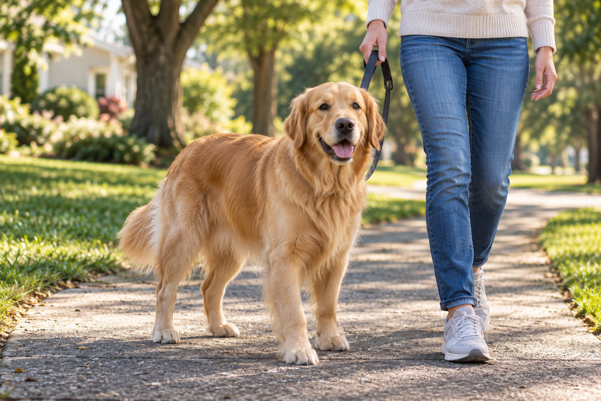 Golden Retriever standing beside its owner on a leafy neighborhood walking path.