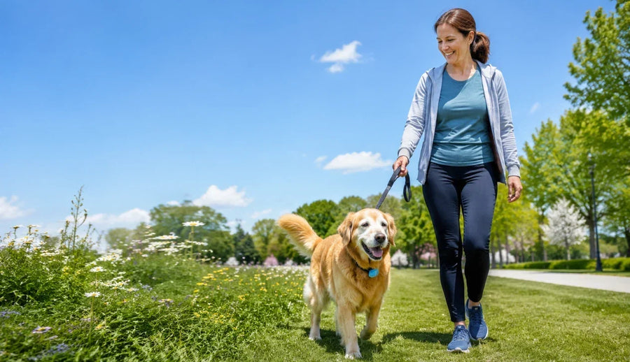 Senior dog walking with its owner in a bright green park while wearing a lightweight GPS collar