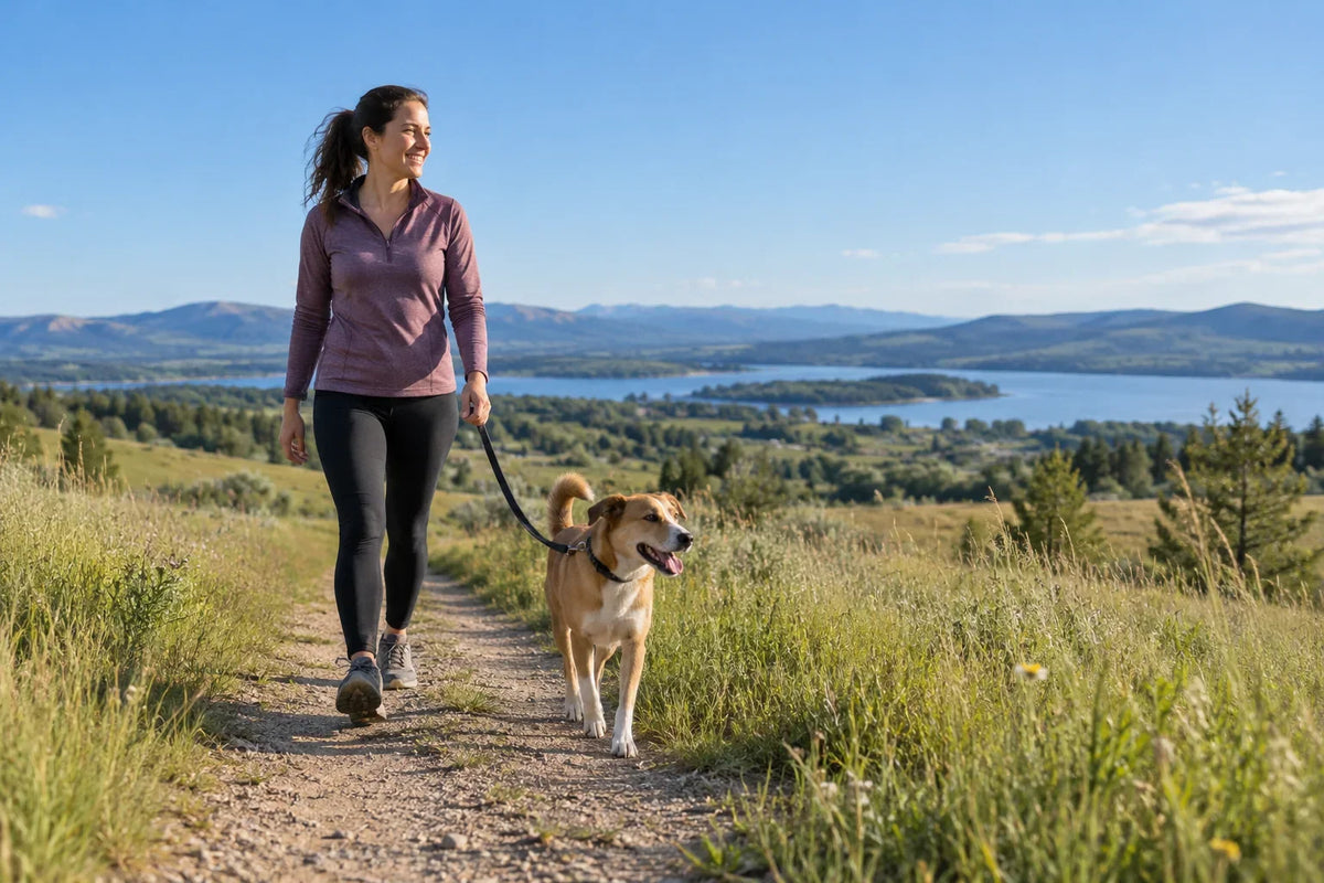Leashed dog and owner walking across an open field beneath a clear sky.