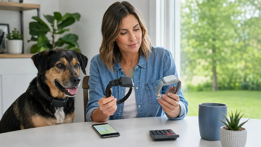 Dog owner comparing subscription and no-subscription GPS dog collars