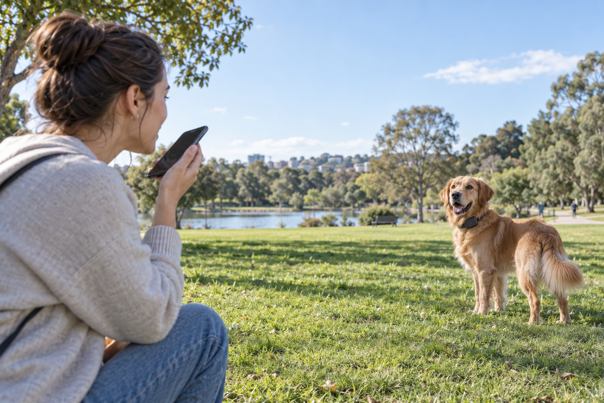 Owner using two-way audio to speak to a dog wearing a GPS collar