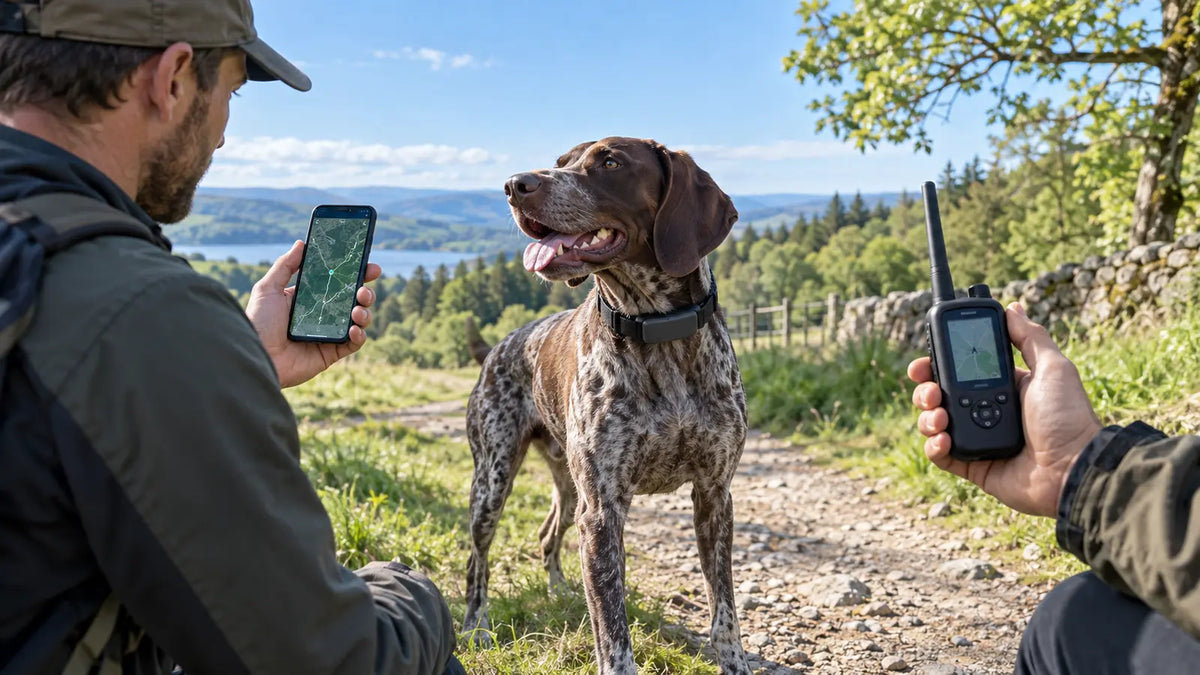 GPS dog collar and radio tracker compared on an open rural trail