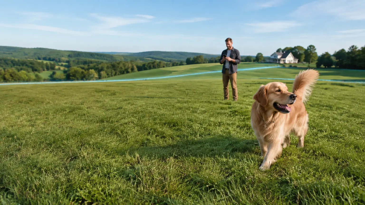 Golden Retriever roaming inside a GPS virtual fence on a large country property