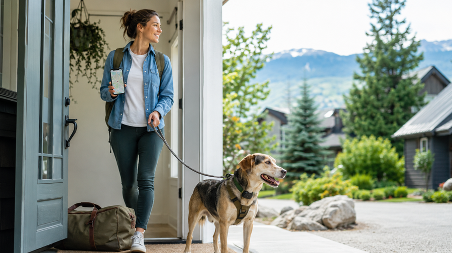 Traveler arriving at a pet-friendly rental with a leashed dog and GPS tracker