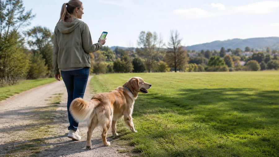 Dog owner comparing GPS tracking and virtual fence options outdoors