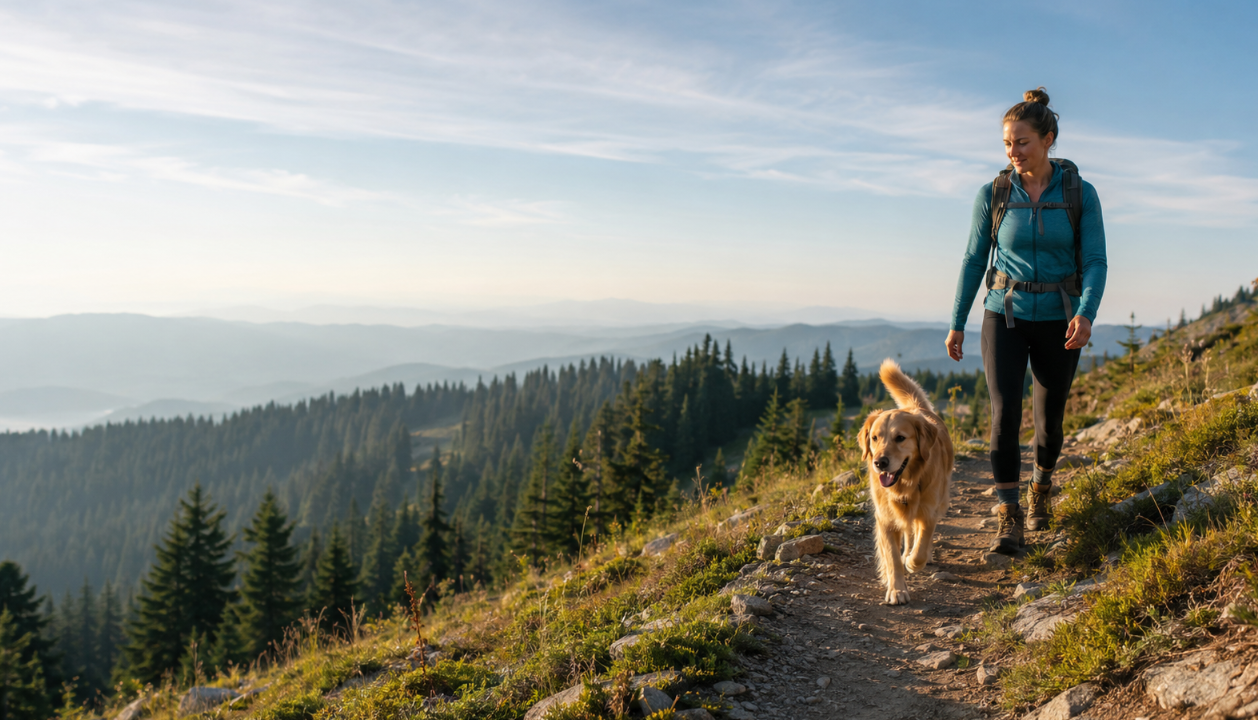 Dog owner hiking with a golden retriever on an open trail in a low-coverage outdoor area.