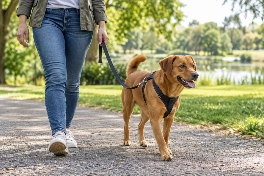 Dog wearing a plain walking harness on a leash beside its owner.