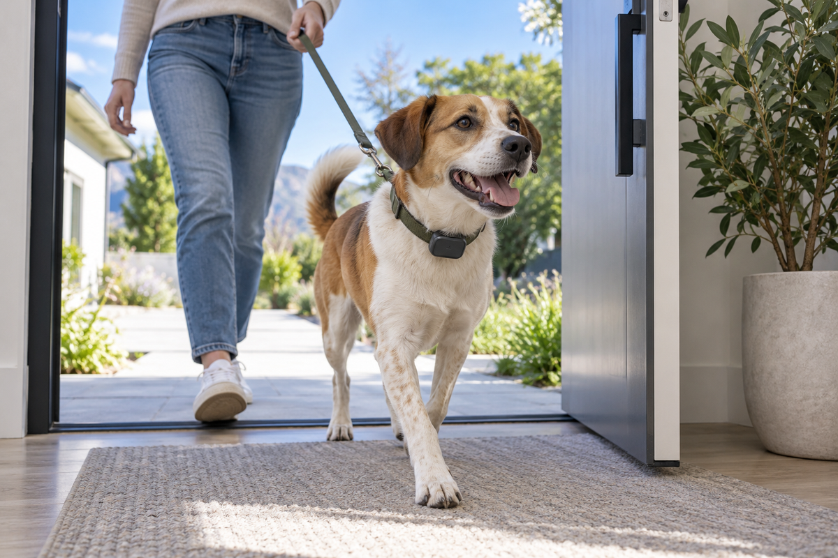 Newly adopted rescue dog entering a home on leash with a GPS tracker