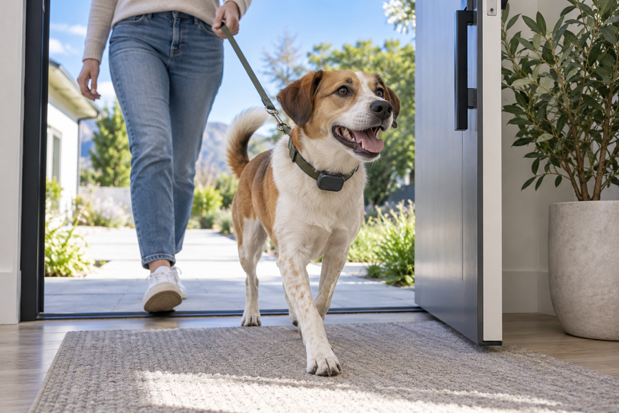 Newly adopted rescue dog entering a home on leash with a GPS tracker