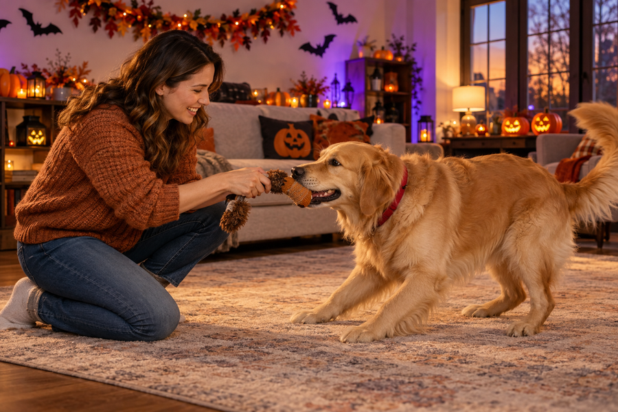Golden retriever playing with its owner in a room decorated with jack-o-lanterns and bat silhouettes