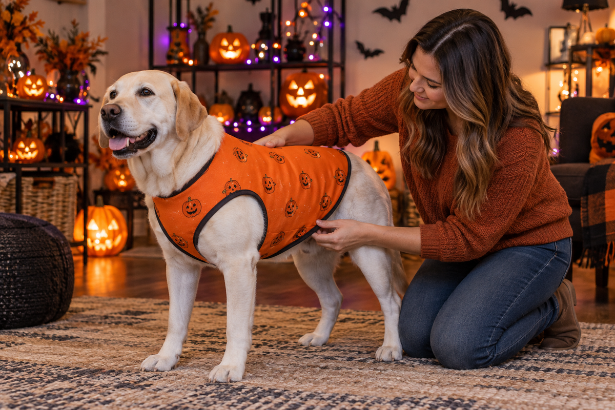 Owner checking an orange pumpkin-print vest on a Labrador in a Halloween-decorated room