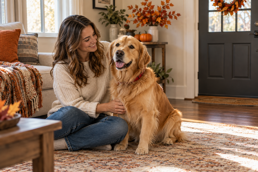 Golden retriever sitting beside its owner in a home decorated with pumpkins and autumn leaves