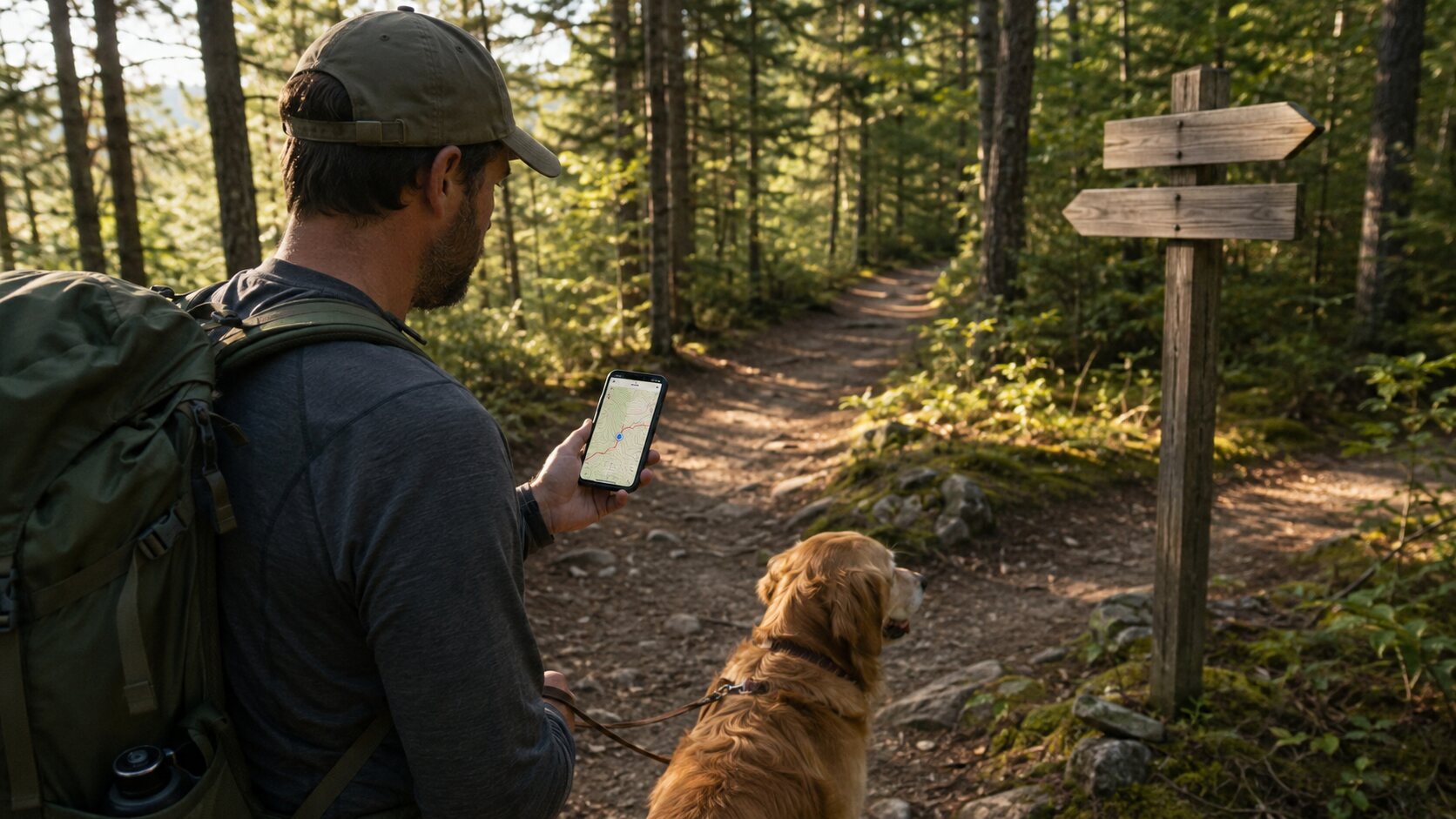 Hiker checking an offline trail map while a leashed dog waits nearby