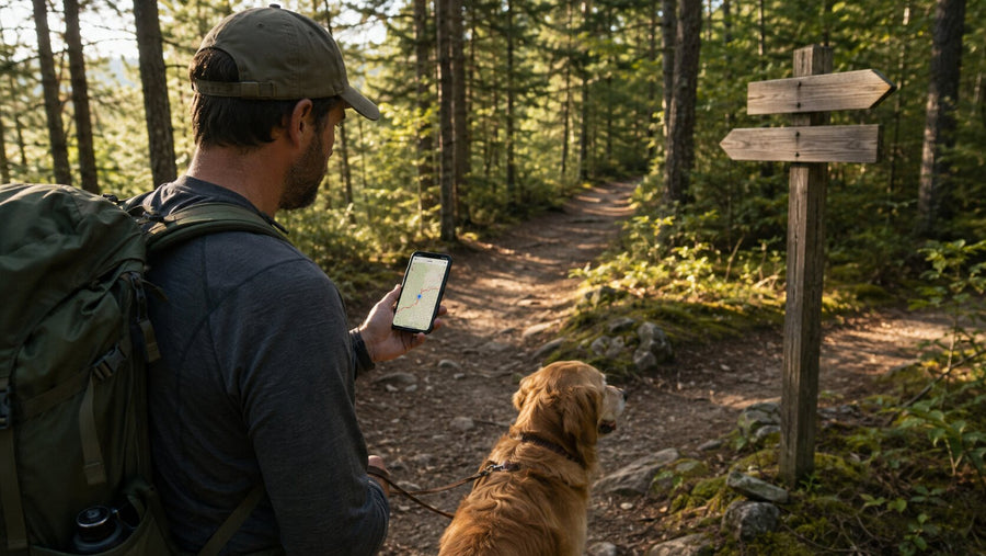 Hiker checking an offline trail map while a leashed dog waits nearby