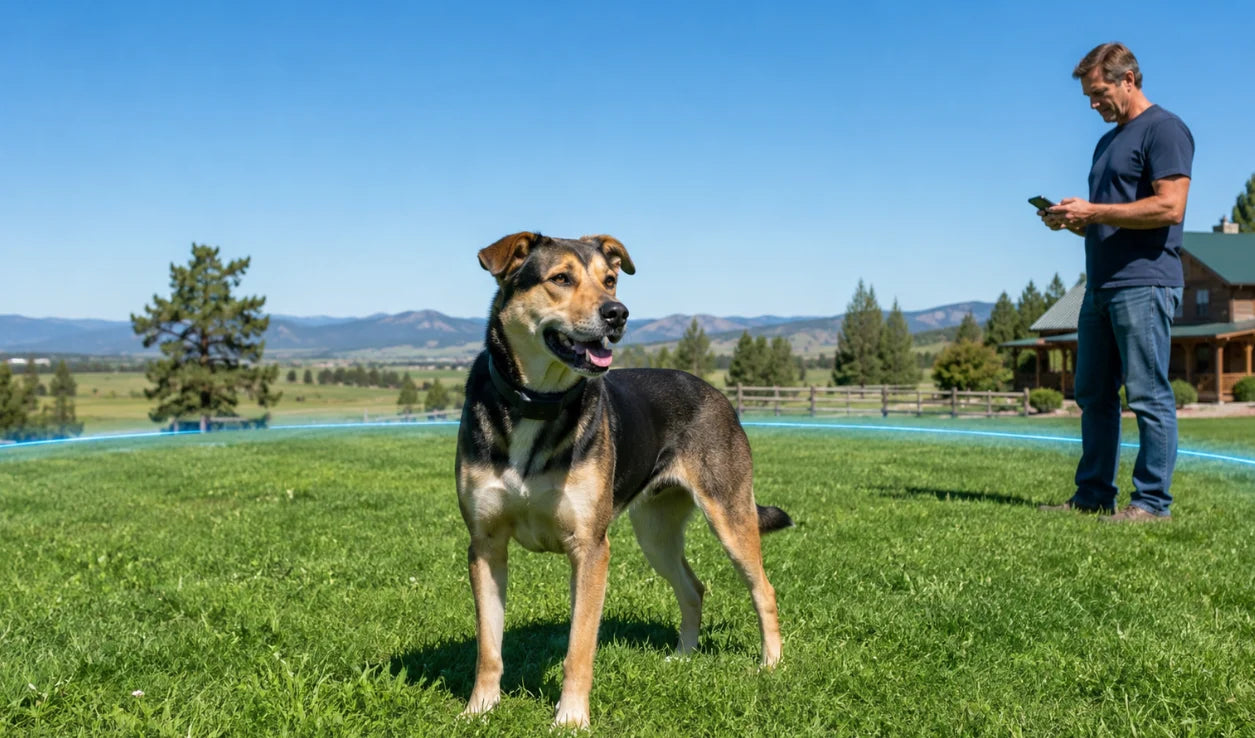 Dog wearing a GPS collar inside a virtual fence on a large rural rural property