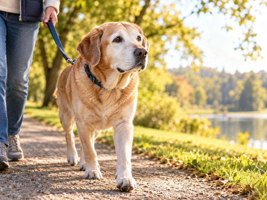 Senior dog enjoying a relaxed outdoor walk as it gets older