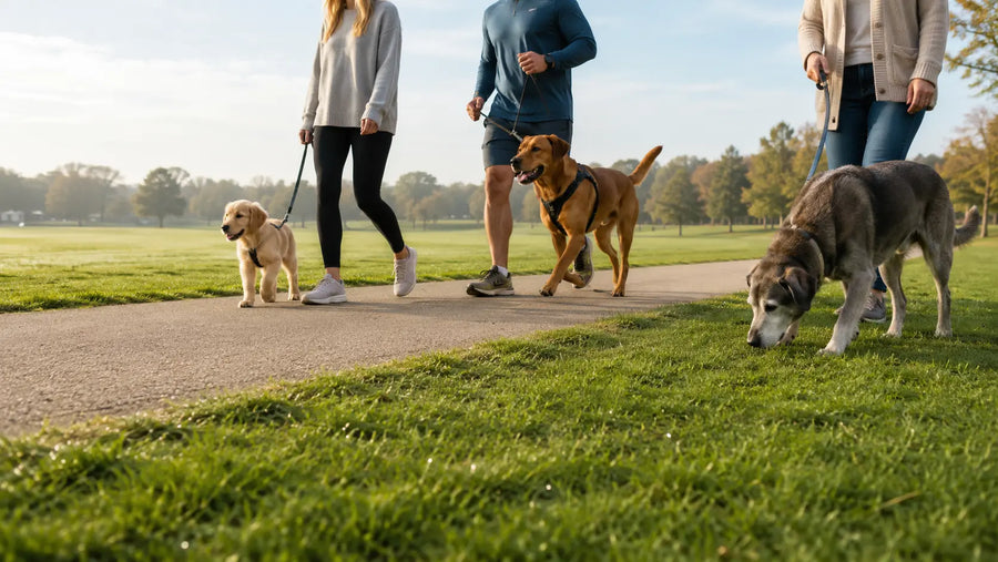 Dogs of different ages and energy levels exercising with their owners