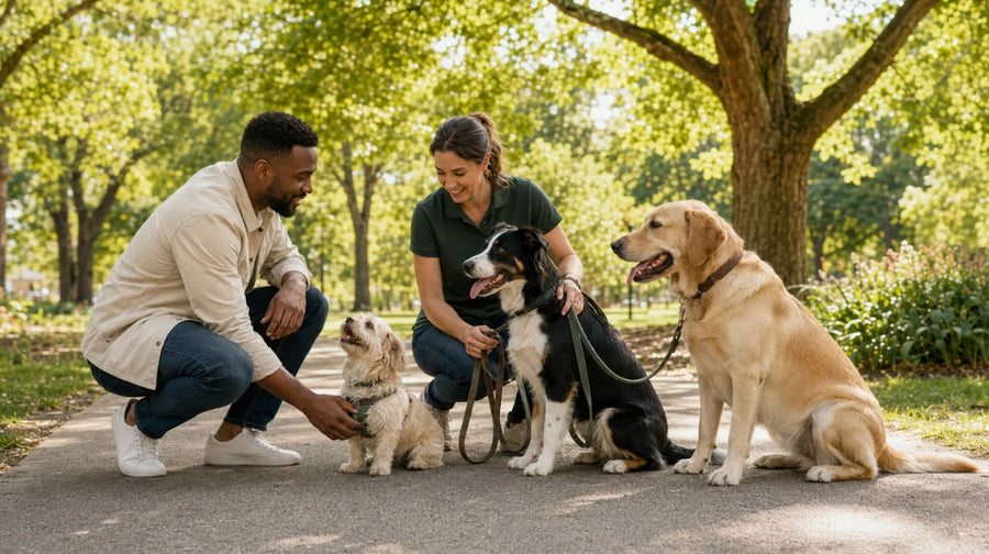 Dog owner comparing several dog breeds before choosing the right lifestyle match