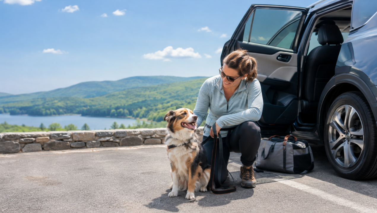 Dog owner preparing for a safe road trip with a leashed dog