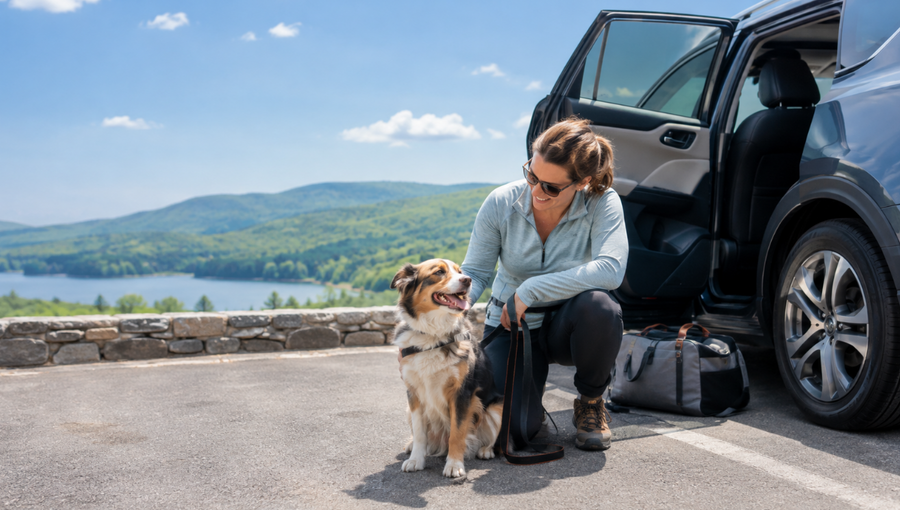 Dog owner preparing for a safe road trip with a leashed dog