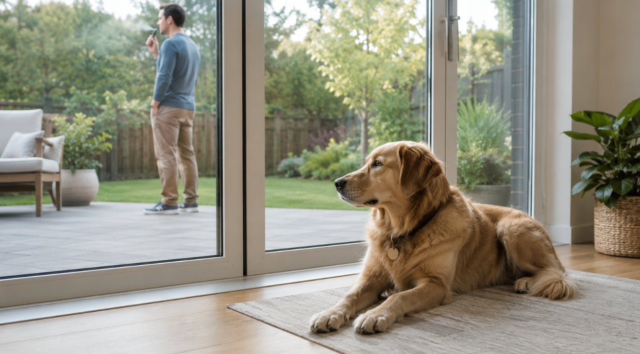 Dog resting safely indoors while its owner vapes outside