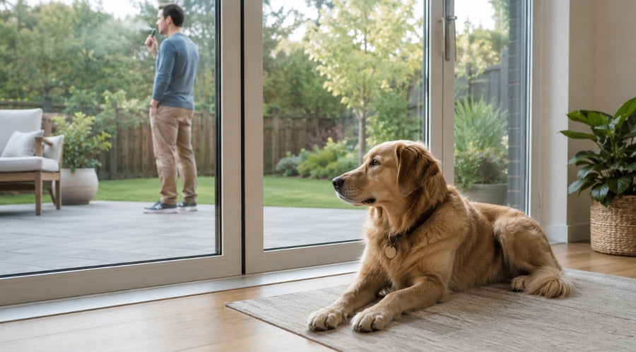 Dog resting safely indoors while its owner vapes outside