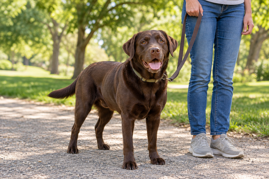Chocolate Labrador Retriever standing beside its owner on a shaded park path.