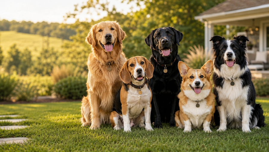 Five dogs representing the most popular dog names in America in 2026