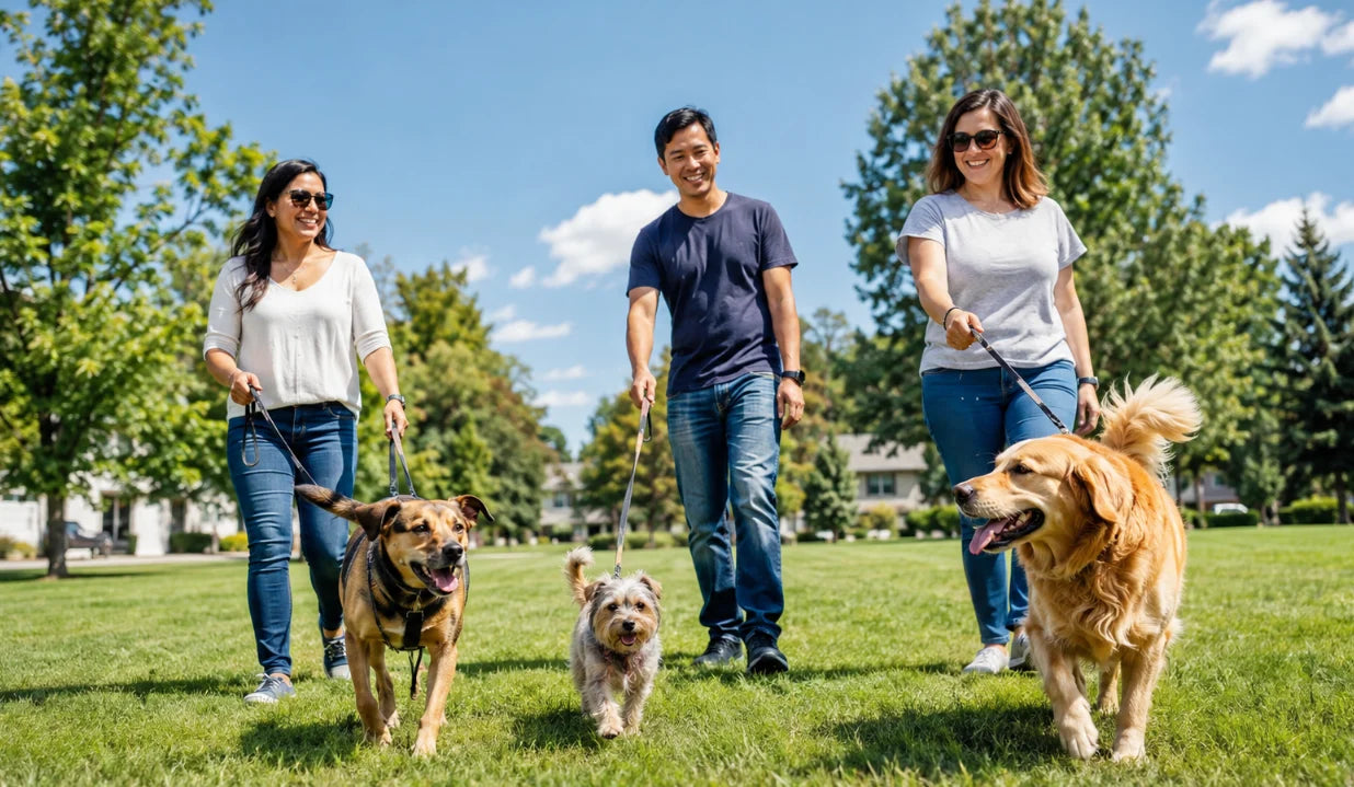 Dogs and owners celebrating National Dog Day with a neighborhood park walk