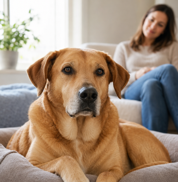 Calm dog resting at home with its owner nearby during a digestive health concern
