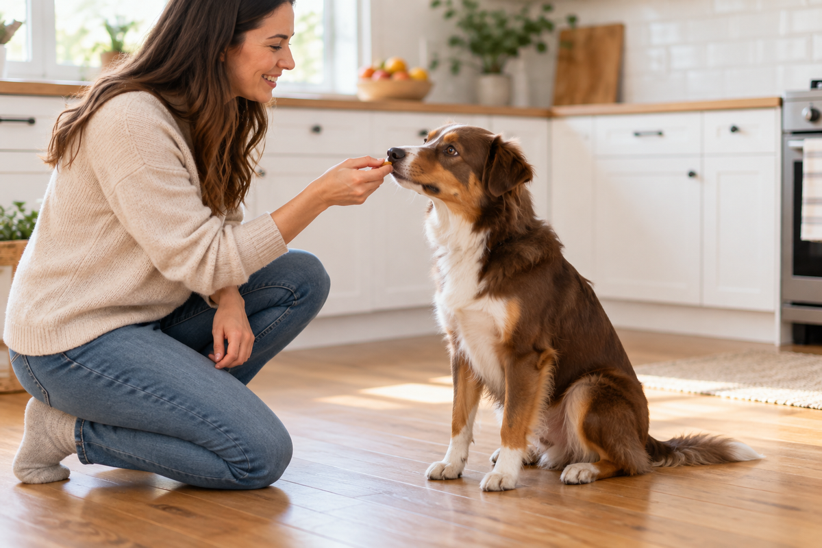 Dog sitting calmly and receiving a treat immediately during a home training session
