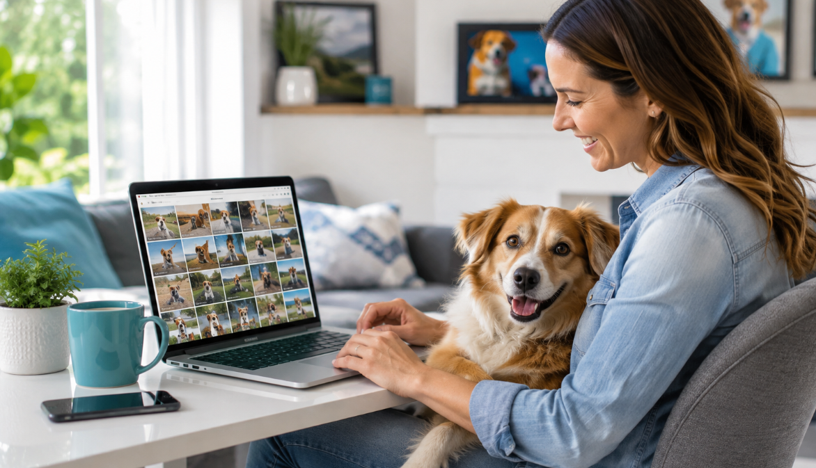 Dog owner organizing pet photos on a laptop beside her dog in a bright living room