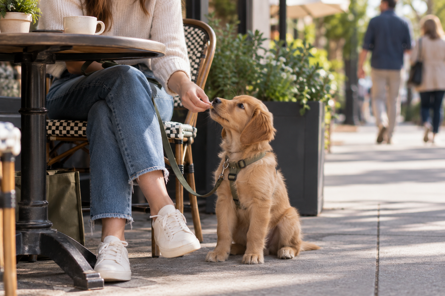 Puppy calmly watching people from a comfortable distance while receiving a treat
