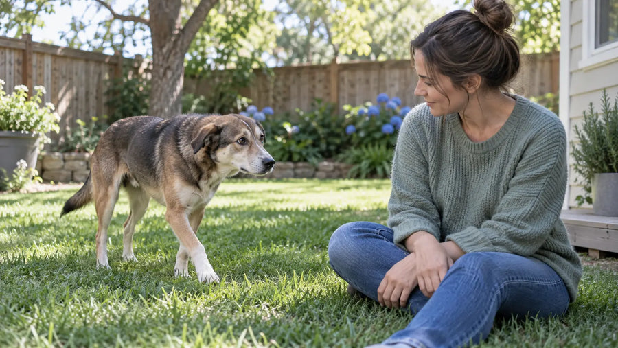 Rescue dog choosing to approach a seated owner in a quiet home