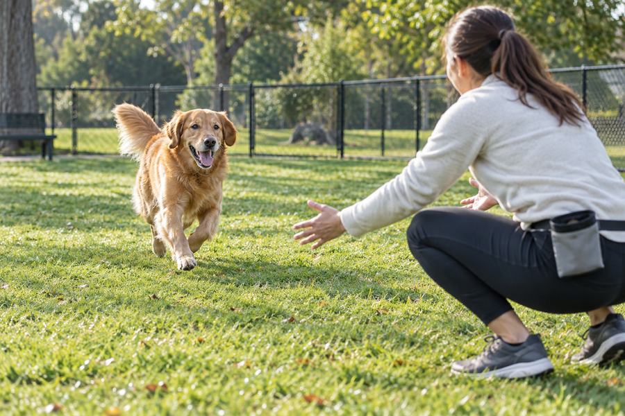Dog running happily toward a pet parent during recall practice in a fenced park
