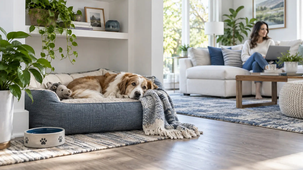Relaxed dog resting in a quiet, comfortable space at home