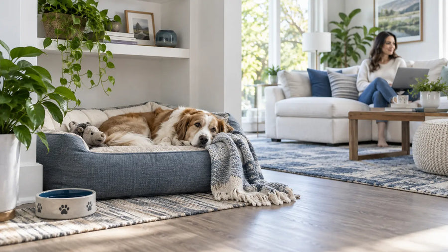 Relaxed dog resting in a quiet, comfortable space at home