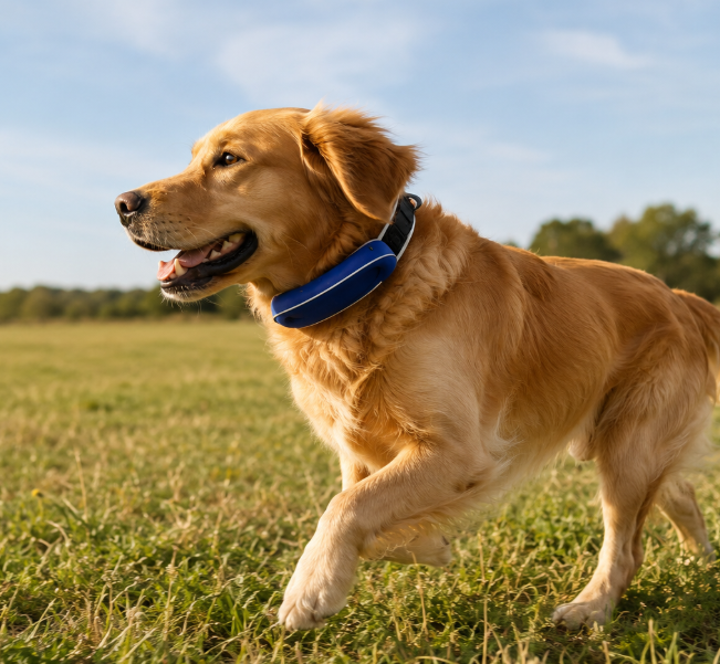 Golden retriever wearing a blue GPS dog collar while running in an open field