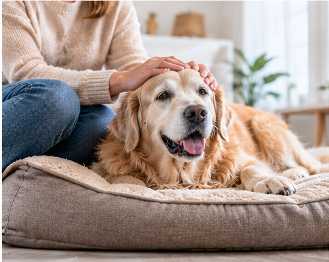 Senior dog relaxing comfortably at home with its owner as part of a healthy daily care routine