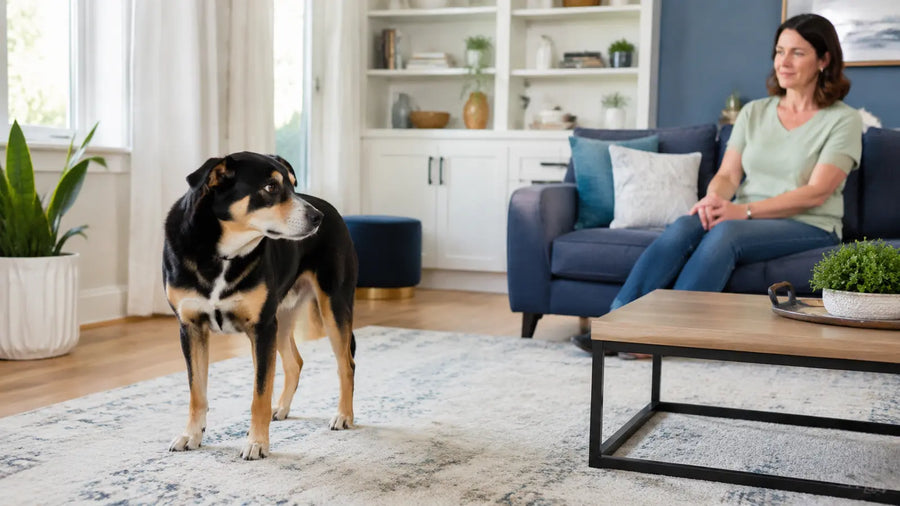 Dog showing subtle stress body language while its owner gives it space