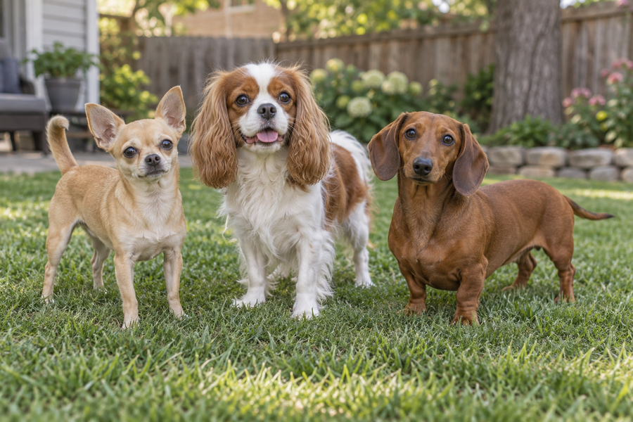 Chihuahua, Cavalier King Charles Spaniel, and Dachshund standing together on a lawn