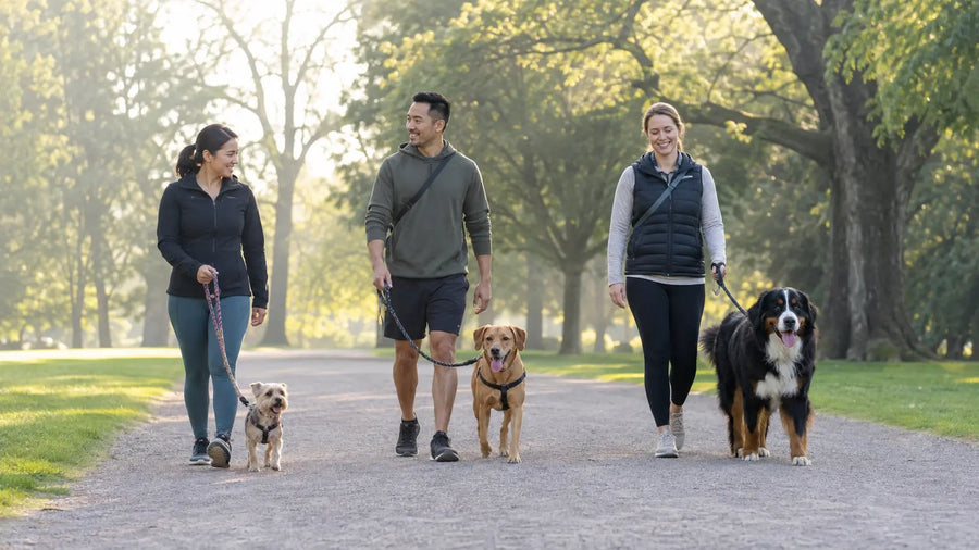 Dog owners walking a small dog, medium dog, and large dog together in a park