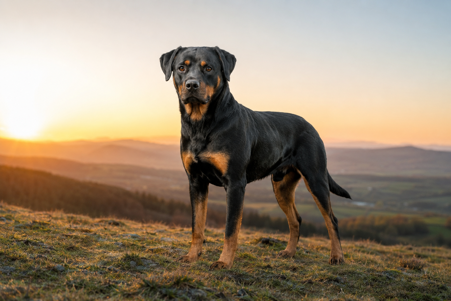 Confident black and tan dog standing calmly on a hill at sunrise