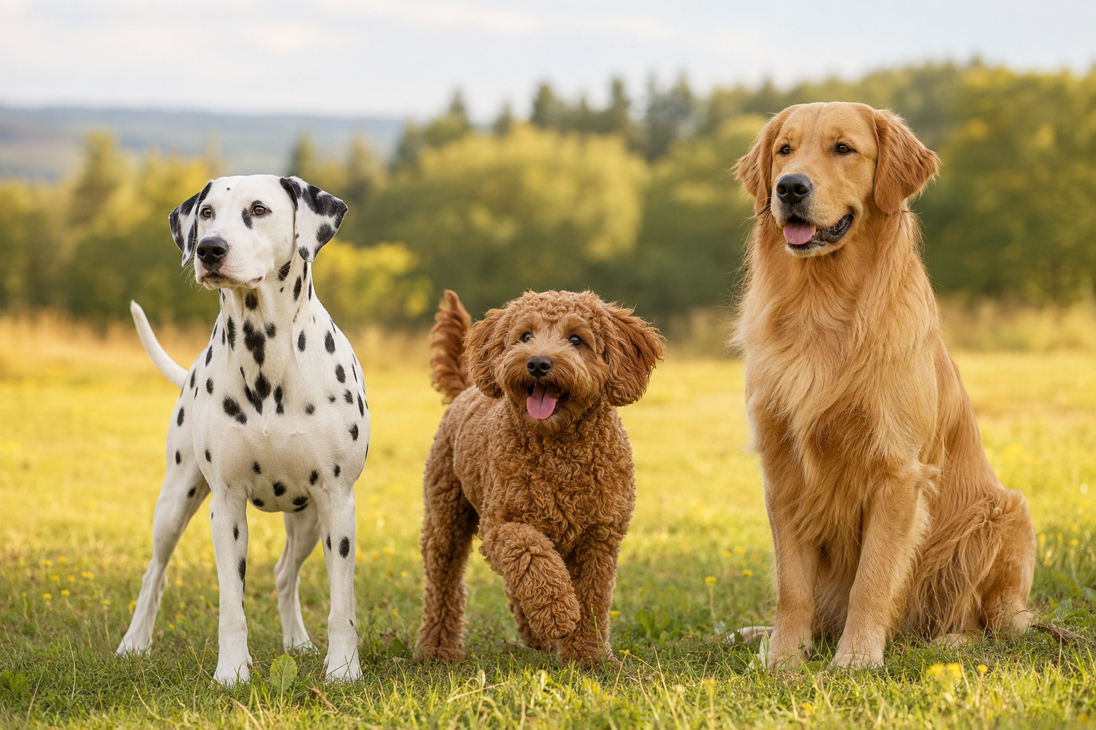 Three dogs with different breeds, sizes, and personalities standing together outdoors