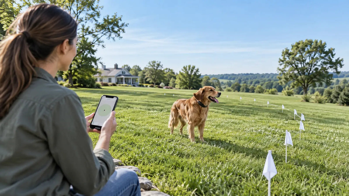 Dog wearing a smart collar beside visible virtual-boundary training flags