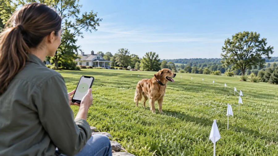 Dog wearing a smart collar beside visible virtual-boundary training flags